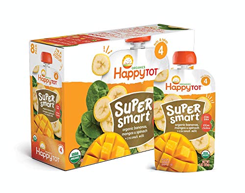 Happy Tot Organic Stage 4 Super Smart Organic Toddler Food Bananas/Mangos/Spinach Plus Coconut, 4 Ounce Pouch (Pack of 16) (Packaging May Vary)