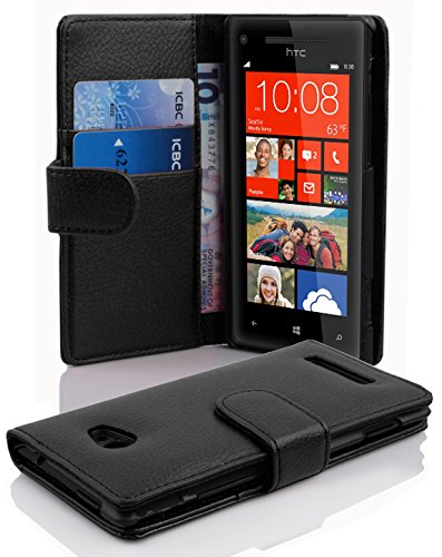 cadorabo Book Case works with HTC 8X in OXID BLACK - with Stand Function and Card Slot made of Structured Faux Leather - Wallet Etui Cover Pouch PU Leather Flip