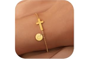 BAYLAY Cross Bracelet for Women, 14K Gold Plated Disc Letter Initial Bracelet Dainty Gold Bracelet for Women Trendy Jewelry Christian Baptism Gifts for Women Teen Girls Christmas Stocking Stuffers