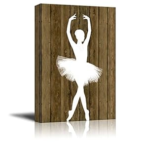 Ballet Dancing Canvas Wall Art - White Ballet Dancer Silhouette on Rustic Wood Background - Stretched Gallery Wrap Ready to Hang Home Decoration - 12x18 inches