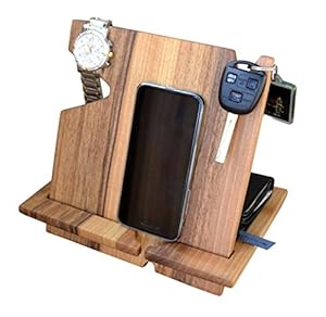 Wooden docking station with mobile phone, keys and watch