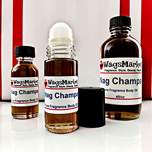 Nag Champa Oil, Choose from 0.33oz Roll On to 4oz Glass Bottle, by WagsMarket (1oz Roll-On)