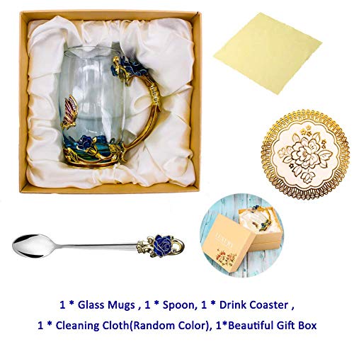 Glass Mug Set Lead-Free Handmade Enamel Butterfly and Blue Rose Flower Tea Cups with Handle, Unique Personalized Birthday Present Ideas for Women Mother Grandma Teachers Coffee (Blue-Tall)