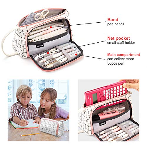 COOLOOK Big Capacity Colored Canvas Storage Pouch Marker Pen Pencil Case Stationery Bag Holder for Middle High School Office College Student Girl Women Adult Teen Christmas Gift White Plaid