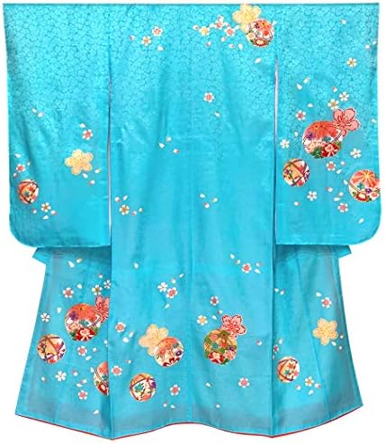 七五三 7歳 着物 正絹 日本製 女の子 選択 四つ身 鞠と桜 絵羽付け 水色 Tnys742
