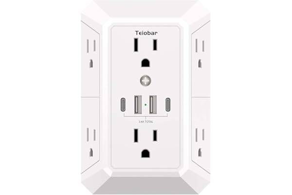 Multi Plug Wall Outlet Surge Protector - Teiobar Outlet Extender with 6 Outlets and 4 USB Ports(2 USB-C), Outlet Splitter for Home Office Dorm Room Essentials, ETL, White