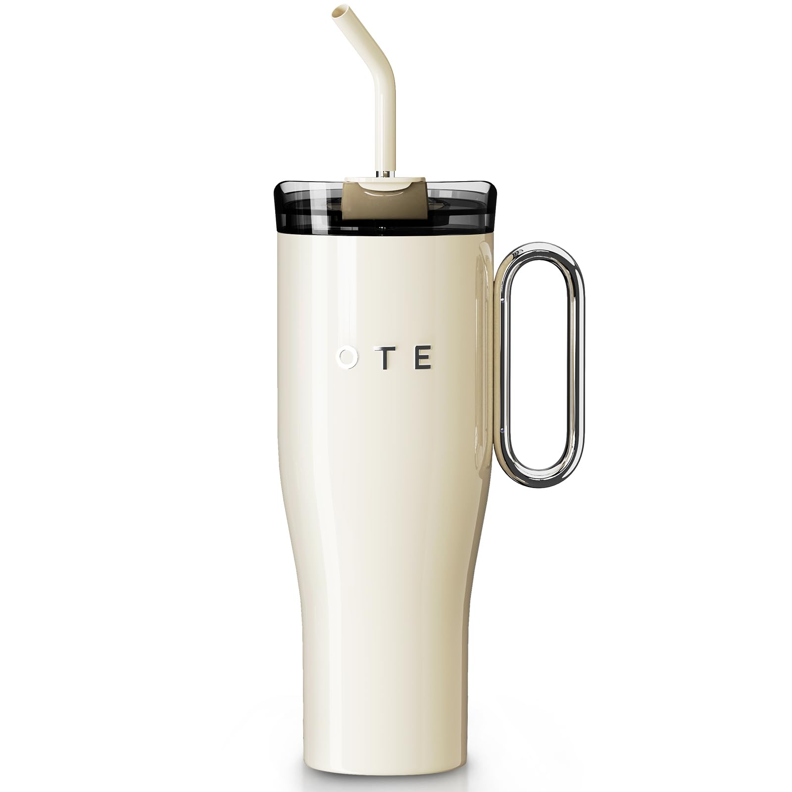 OTE 40 oz Tumbler with Handle and Straw Lid, Insulated Reusable Stainless Steel, Travel Cup with Straw Iced or Car Coffee Mug Leakproof, Gift for Him Her, Beige