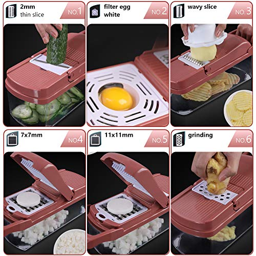 Vegetable Chopper, Onion Veggie Slicer Chopper, Spiralizer Vegetable Cutter Chopper Blades with Durable Fruit Slicer Cutter Container for Cooking Tools (Red)