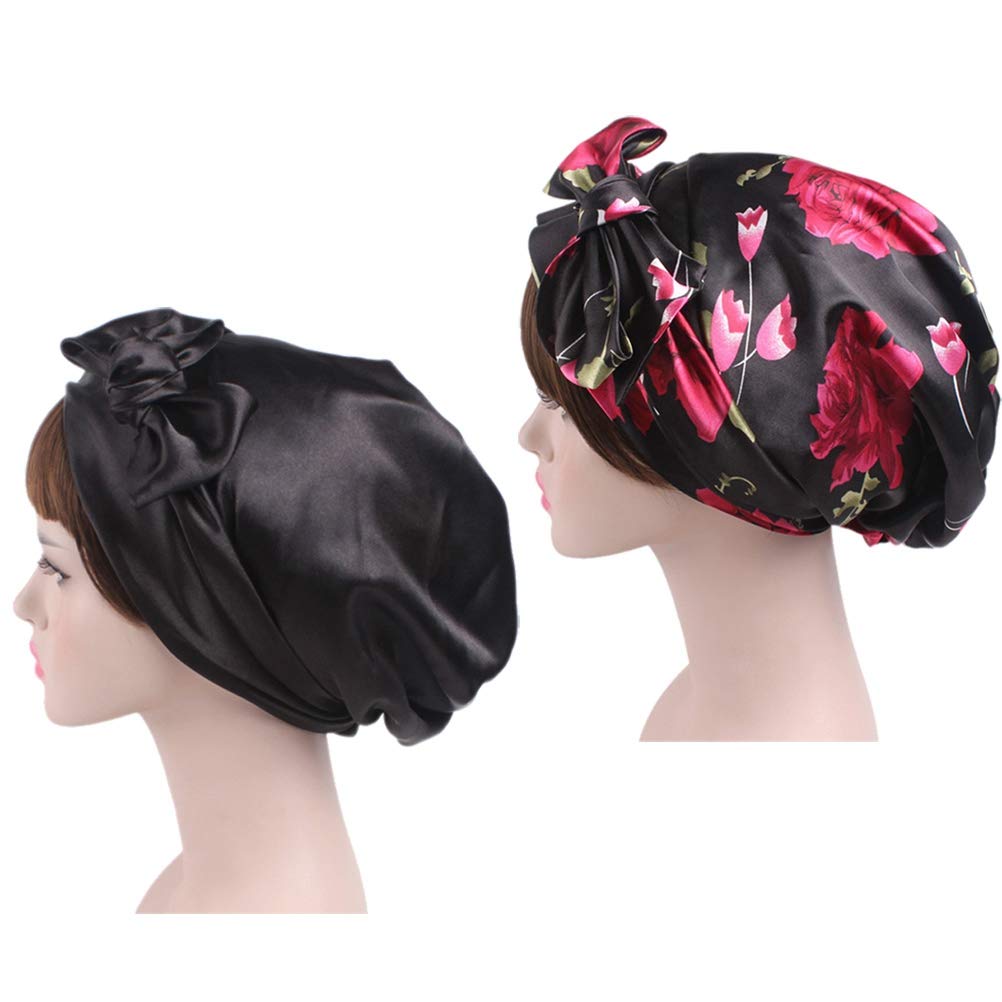 2pcs Silk Sleeping Cap,Stain Bonnet Head Cover for Women(Black Floral Printing + Black)