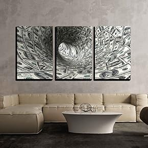 3 Piece Canvas Wall Art - Dollars Funnel. - Modern Home Art Stretched and Framed Ready to Hang - 16"x24"x3 Panels