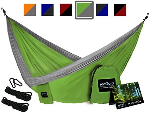 RenGard Portable Camping Hammock – Sturdy and Breathable Parachute Nylon built; Multifunctional; Tri-stitches – Best for both Indoor &amp; Outdoor Camping - Double, Light Grey/Olive
