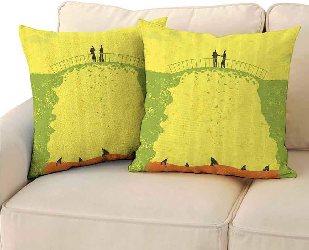 Grunge Decor Pillowcase Personalized, Two Men Shaking Hands and Sharks Under Bridge Business Murky Illustration Room Decoration (2 PCS, 22x22 Inch) Yellow Green