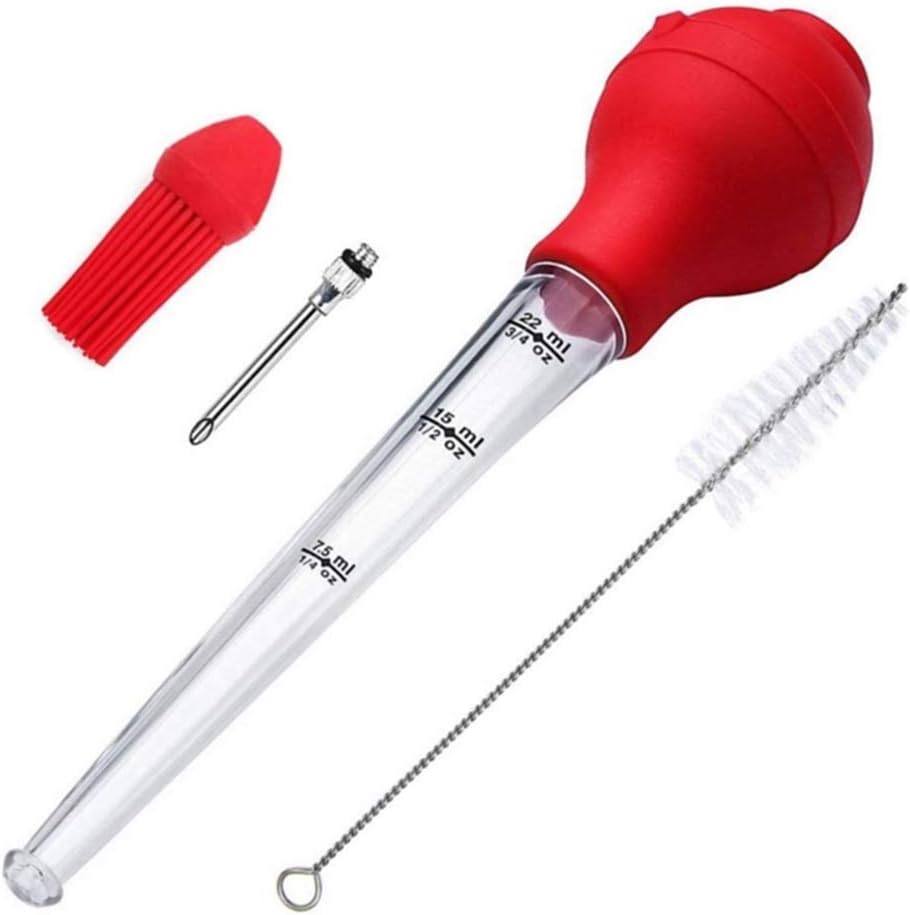 Turkey Baster Kit Marinade Injector Food Syringe Meat Syringe Commerical Grade Quality FDA Rubber Bulb Including Marinade Injector Needle and Brush for Turkey Beef Steak BBQ (Red