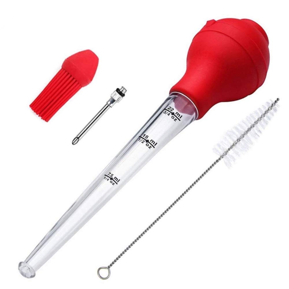Turkey Baster Kit Marinade Injector Food Syringe Meat Syringe Commerical Grade Quality FDA Rubber Bulb Including Marinade Injector Needle and Brush for Turkey Beef Steak BBQ (Red, Plastic) 1