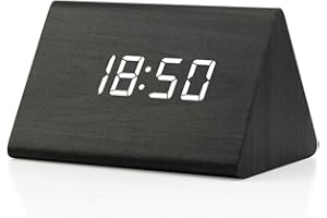 OCT17 Wooden Wood Clock, New Version LED Alarm Digital Desk Clock Adjustable Brightness, Alarm Time, Displays Time Date Temperature - Black