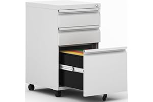 BIZOEIRON 3 Drawer Mobile File Cabinet, Metal Under Desk Filing Cabinet with Lock and Wheels, Home Office Rolling File Cabinet for Legal/Letter Hanging File Folders, Fully Assembled (White)