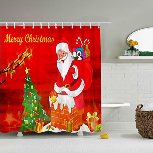 Merry Christmas and Santa Claus Red Shower Curtains-Water, Soap, and Mildew resistant 12 Shower Hooks are Included-72" x 72"