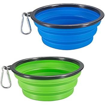 COMSUN 2-Pack Extra Large Size Collapsible Dog Bowl, Food Grade Silicone BPA Free, Foldable Expandable Cup Dish for Pet Cat Food Water Feeding Portable Travel Bowl Blue and Green Free Carabiner