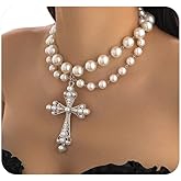 Exaggerated Layered Cross Pearl Pendant Necklace for Women Chunky Large Cross Crystal Beaded Choker Necklaces Halloween Vintage Statement Jewelry