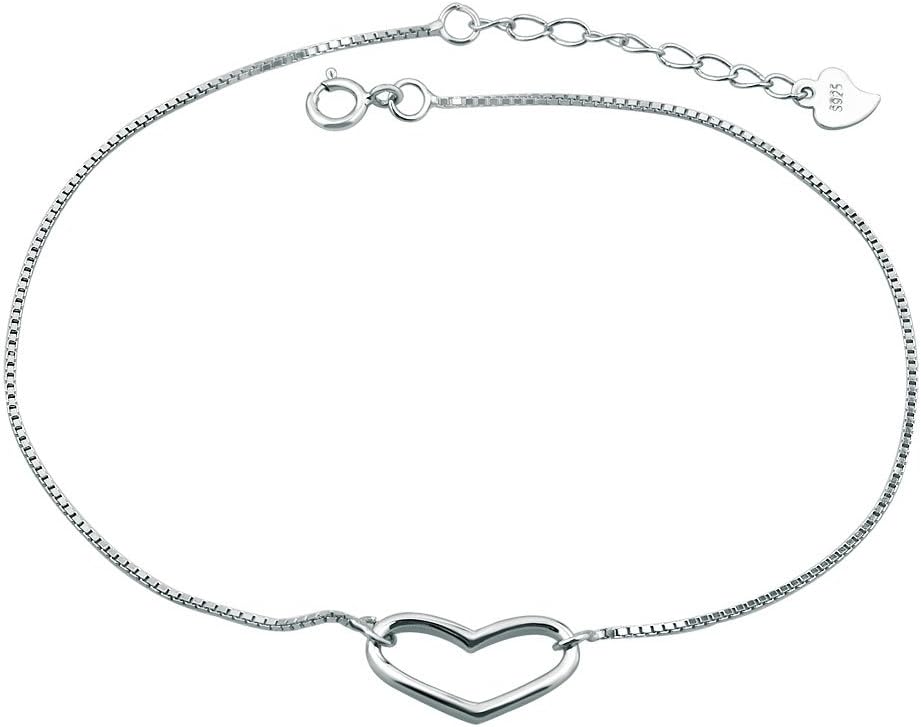 LuckyJewelry Chain Love Heart Ankle Bracelet Sterling Silver Anklet Barefoot Sandal Beach Foot