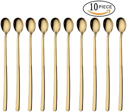 10 Pcs 9-Inch Long Handle Teaspoons, Coffee Spoon and Ice Cream Spoon, Dessert &amp; Milkshake Spoon, Fruit Juice Long Spoon, 18/8 Stainless Steel Spoons, Color Gold