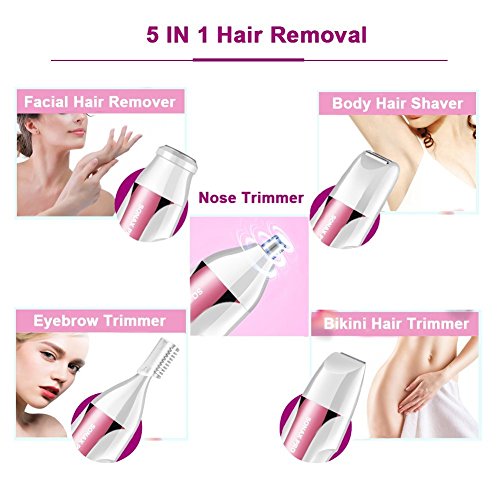 Hair Removal for Women 5 in 1 USB Rechargeable Hair Epilator Waterproof Lady Shaver Facial Hair Remover Women's Personal Groomers for Face Eyebrow Nose Armpit Bikini Arm Legs (Pink)