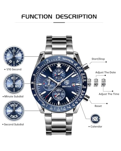BENYAR by Men's Watch Chronograph Analogue Quartz Waterproof Date Large Dial Classic Fashion Business Watches Elegant Bracelet for Men