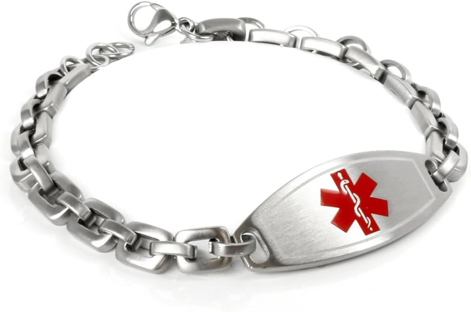 MyIDDr Customized Free Engraving Medical Alert Bracelet, 316L Steel Matte 6mm Links - Red
