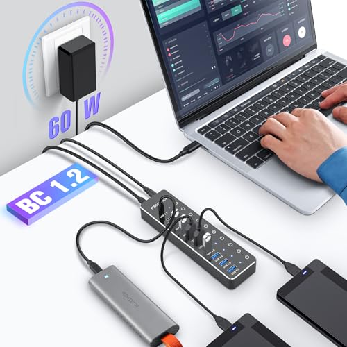 USB Hub Powered, RSHTECH USB 3.2/USB C Hub 10 Ports with USB-A 3.2 and 2x USB-C 3.2 10Gbps Data Ports, 7 USB-A 3.0 Ports and 12V/5A 60W Power, Individual Switches USB HUB, RSH-ST10C
