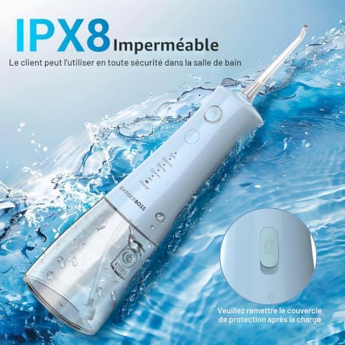 jet dentaire, irrigateur buccal sans fil, fil dentaire électrique, 5 modes pression, étanche IPX8, irrigateur buccal portable, kit nettoyage dents, QR-7102 (Bleu Pastel)