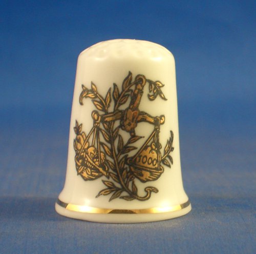 Porcelain China Collectable Thimble - Gold Signs of the Zodiac -- Libra the Scales - Free Gift Box