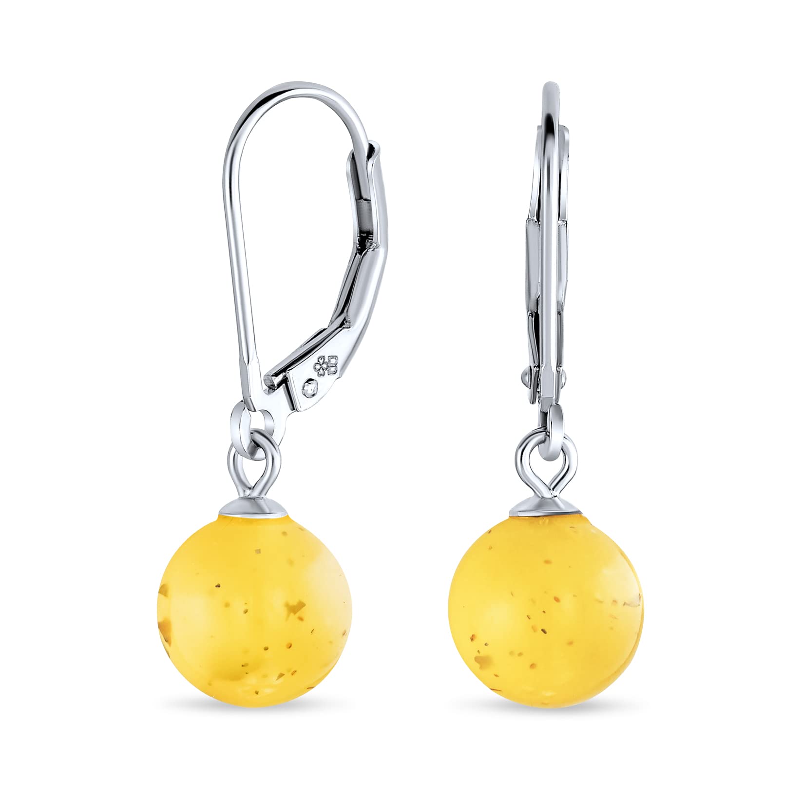 Simple Round Basic Gemstone Lemon Yellow Amber 8MM Bead Ball Drop Dangle Earrings For Women Teen Lever back .925 Sterling Silver