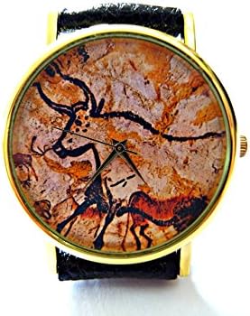 Cave Art Cow Watch, Cave Art Leather Watch, Bracelet Watch, Handmade Watch, Genuine Leather Bracelet Watch P103