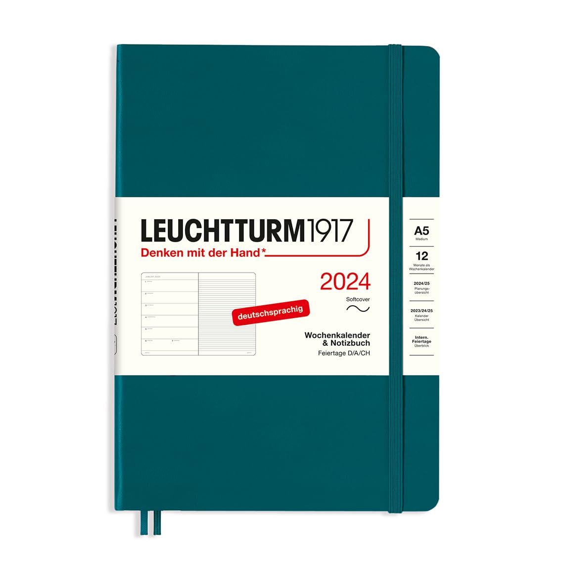 LEUCHTTURM1917 367777 Weekly Calendar & Notebook Medium (A5) 2024, Soft Cover, Pacific Green, German, 12 Months