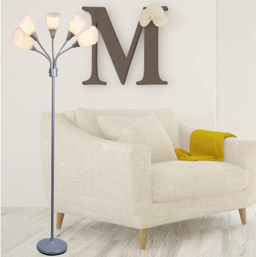 Modern Floor Lamp Room Light by Lightaccents - Medusa Multi Head Standing Lamp Bedroom Light with 5 Adjustable White Acrylic Reading Shades Room Light (Silver) - - 