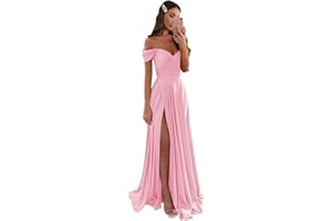GODCUN Women's Satin Bridesmaid Dresses Off The Shoulder Prom Dresses A Line Pleated Long Formal Evening Party Gowns