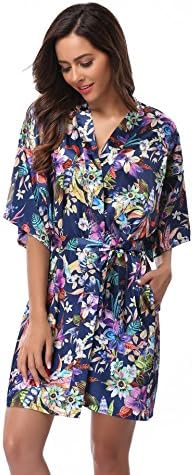 Feelia Women's Short Floral Robes Satin Kimono Robe Silk Bathrobe For Bridesmaid