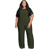 Tycorwd Women's Plus Size Two Piece Outfits Sweatsuits Sets Casual Short Sleeve Tops Loose Wide Leg Pants Tracksuit Sets