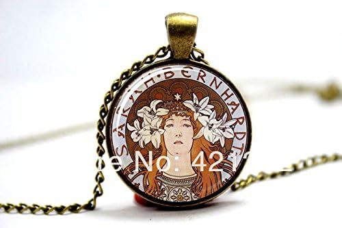 Pretty Lee 2015 Fashion Sarah Bernhardt Mucha Necklace : Glass Dome Art Picture Pendant Photo Pendant Jewelry Christmas gift