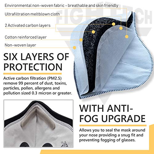 FIGHTECH Dust Mask | Mouth Mask Respirator with 4 Carbon Filters for Pollution Pollen Allergy Woodworking Mowing Running | Washable and Reusable Neoprene Half Face Mask (L/USA)