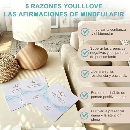 Cartas de Afirmación Positiva y Mindfulness, 52 Tarjetas con Expositor de Madera, Frases de Gratitud y Calma para el Estrés, Ritual Diario de Autocuidado, Regalo para Mujer y Hombre (Azul turquesa)