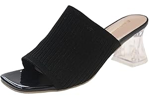 GENERIC Sandals Women Square Toe Heeled Mules Clear Block Heels Sandals Knit Chunky Square Heels Slip On Breathable Slides