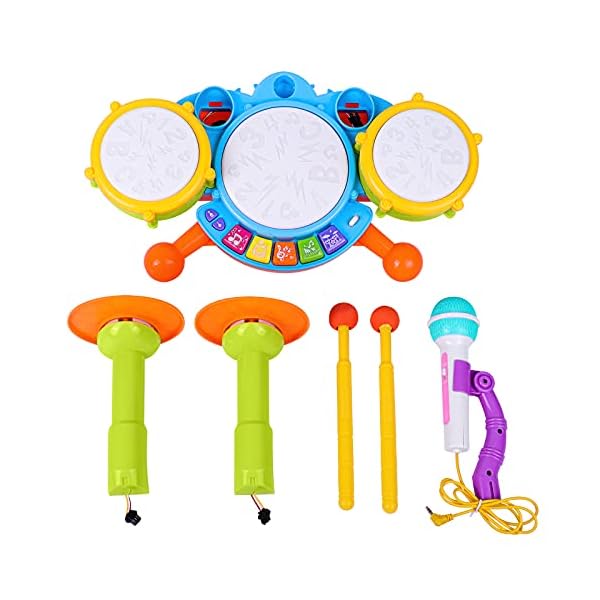 Kids Drum Set, Rabing Electric Musical Instruments Toys with 2 Drum Sticks, Beats Flash Light and Adjustable Microphone…