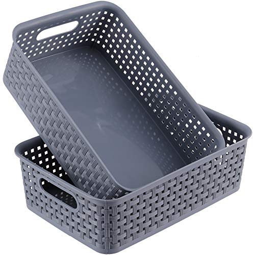 ZEONHAK 15 Pack Gray Plastic Storage Basket, Plastic Weave Basket, Plastic Rattan Storage