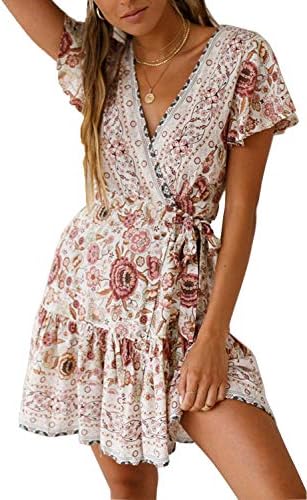 Ehpow Women V Neck Boho Floral Mini Dress Summer Short Sleeve Wrap Sash Beach Dress