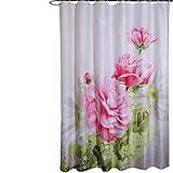 HOMEIDEAS Shower Curtain with Hooks,Mildew Resistant Polyester Fabric,Waterproof/Water-Repellent & Antibacterial 72x78 Inch,Printed Peony White and Pink Pattern Flower Shower Curtains