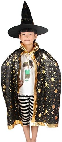 QSL Kids Gold Star Halloween Cloak Fancy Dress Costume Cape and Magic Witch Hat Black