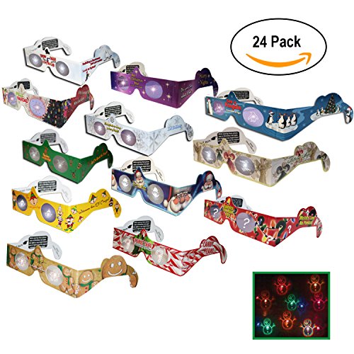 24 Count Holiday Specs Christmas 3D Glasses Turn Holiday lights into magical images includes Penguin Gingerbread Candy Cane Feliz Navidad Santa Angel Elf Reindeer Snowman Stars Snowflake and Surprise