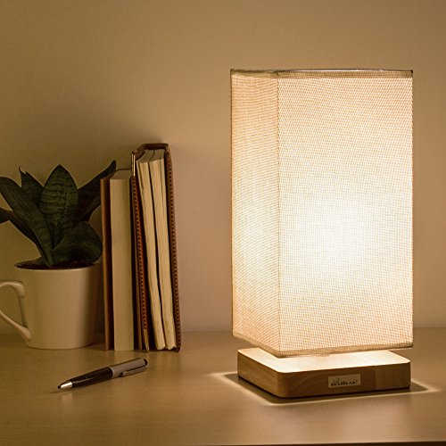 HAITRAL Bedside Table Lamp Fabric Shade Wood Desk Light for Bedroom Kid s Room Living Room