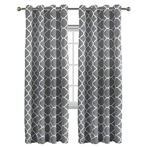 Flamingo P Microfiber Noise Reducing Thermal Insulated Moroccan Blackout Drapes Printed Window Curtains for Living Room, Grommet Top, Set of Two Panels, 52 x 96 Inch- Mild Gray